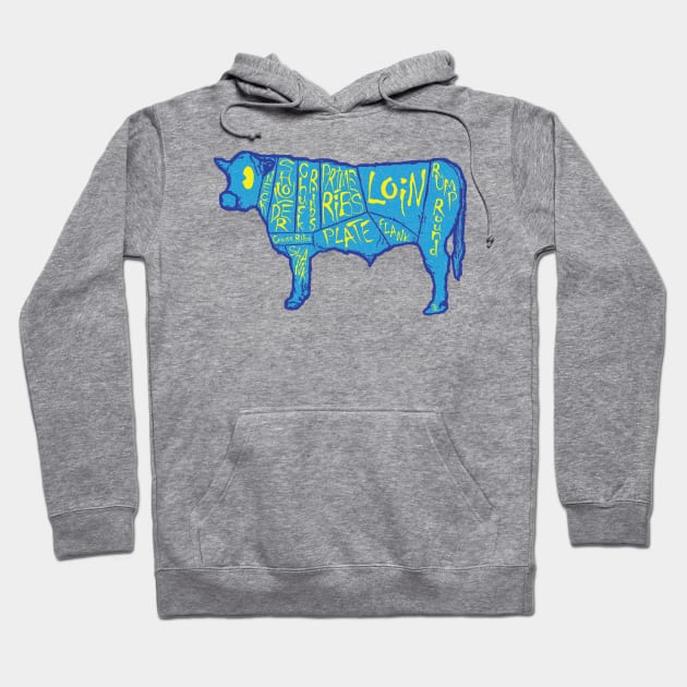 80s 90s Vintage Retro Style Blue Cow Butcher Chart Hoodie by PelagiosCorner